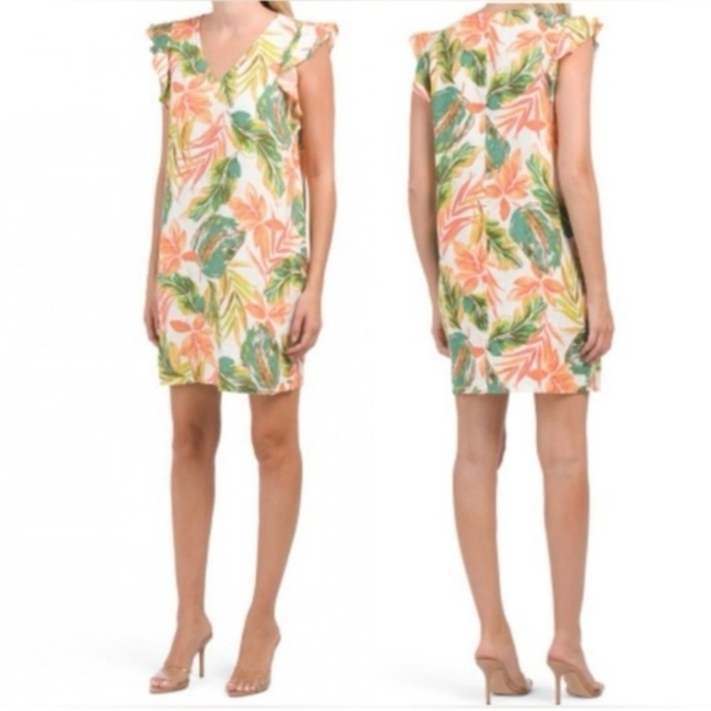 Nicole Miller Linen Dress L | Tropical Floral Print | 100% Linen Vacation Dress